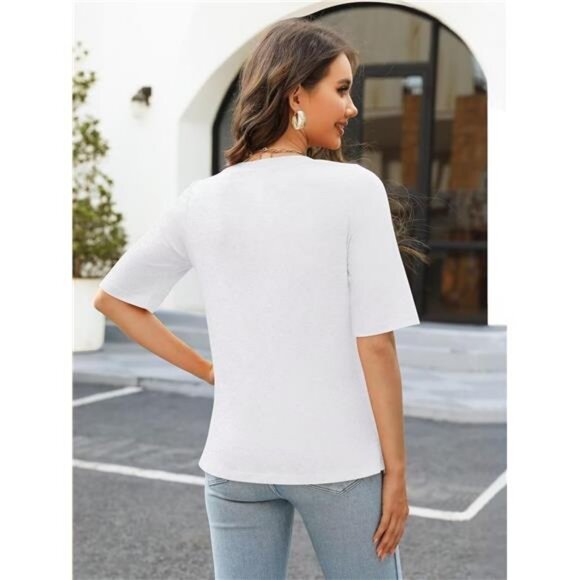 Women's V Neck T Shirts Half Sleeve Tops Casual Solid Summer Tees - Picture 4 of 7
